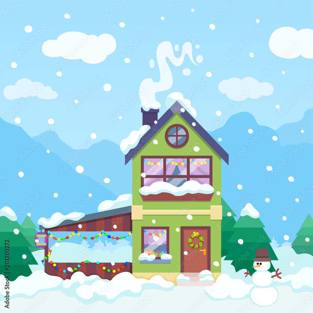 Fototapeta premium Winter background with house and snowman and lights daylight. Christmas house in the mountains. Winter day illustration. Christmas mountain landscape flat style.