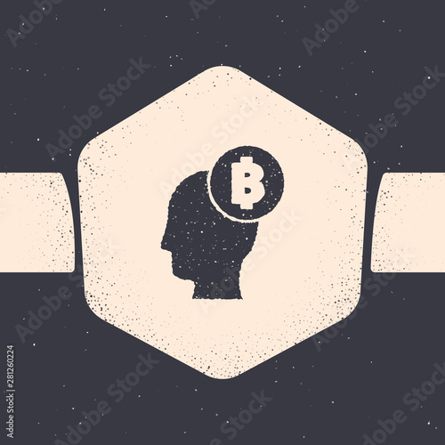 Grunge Bitcoin think icon isolated on grey background. Cryptocurrency head. Blockchain technology, digital money market, cryptocoin wallet. Monochrome vintage drawing. Vector Illustration