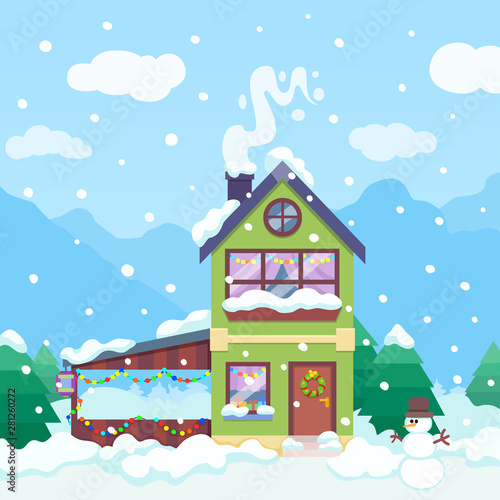 Winter background with house and snowman and lights daylight. Christmas house in the mountains. Winter day illustration. Christmas mountain landscape flat style.