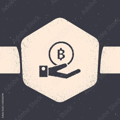 Grunge Hand holding Bitcoin icon isolated on grey background. Blockchain technology, digital money market, cryptocoin wallet. Monochrome vintage drawing. Vector Illustration