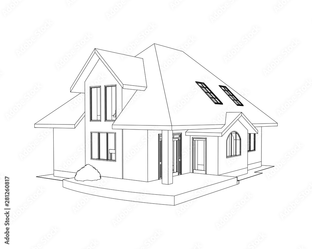 3D suburban house. Drawing of the modern building. Cottage model ...