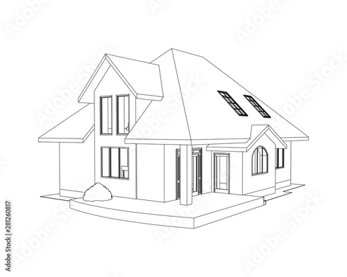 3D suburban house. Drawing of the modern building. Cottage model isolated on white background. Vector blueprint.
