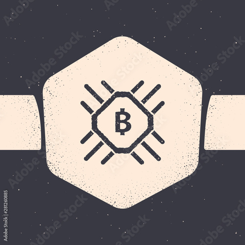 Grunge CPU mining farm icon isolated on grey background. Bitcoin sign inside processor. Cryptocurrency mining community. Digital money. Monochrome vintage drawing. Vector Illustration