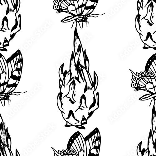pitaya, pitahaya tropical fruit, butterfly seamless pattern