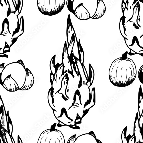 longan, pitahaya tropical fruits seamless pattern