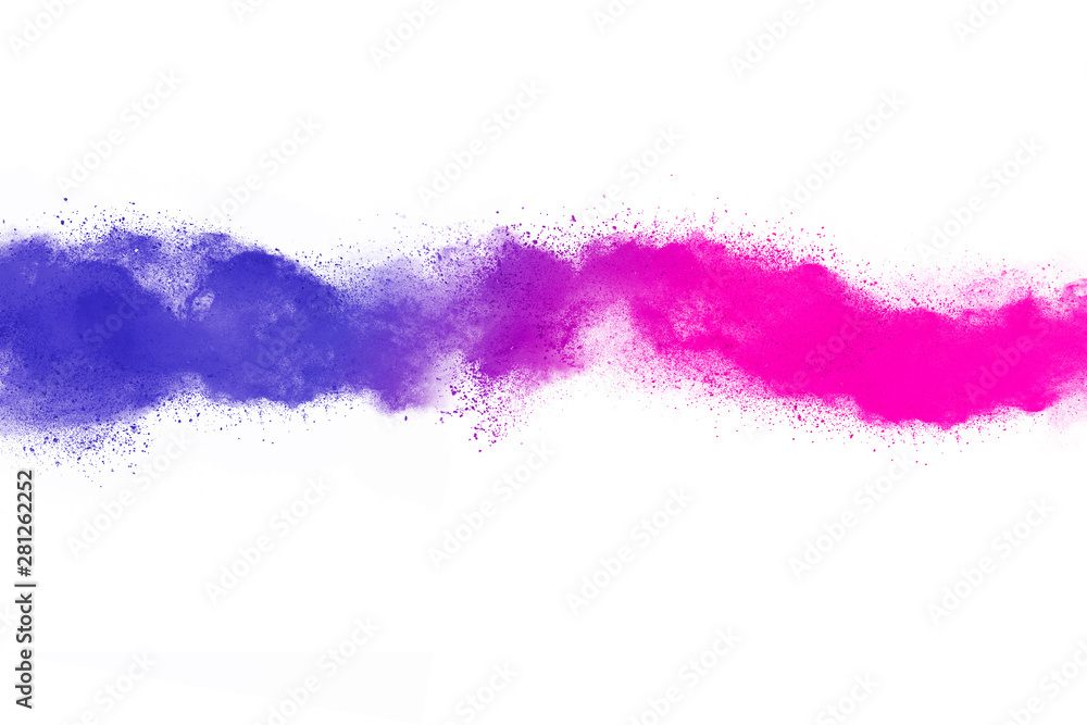 Freeze motion of purple color powder exploding on white background. Freeze motion of purple color powder exploding on white background.