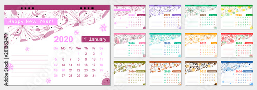 Colorful calendar for 2020. Desk calendar for office, on a white background with an ornament.