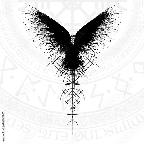 Black grunge bird silhouette with viking symbol on white background