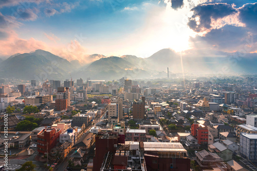 Photography Sunset Cityscape view of Beppu city and Beppu bay from Beppu tower, Oita, Kyushu