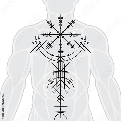 Human body silhouette with magic viking tattoo isolated on white