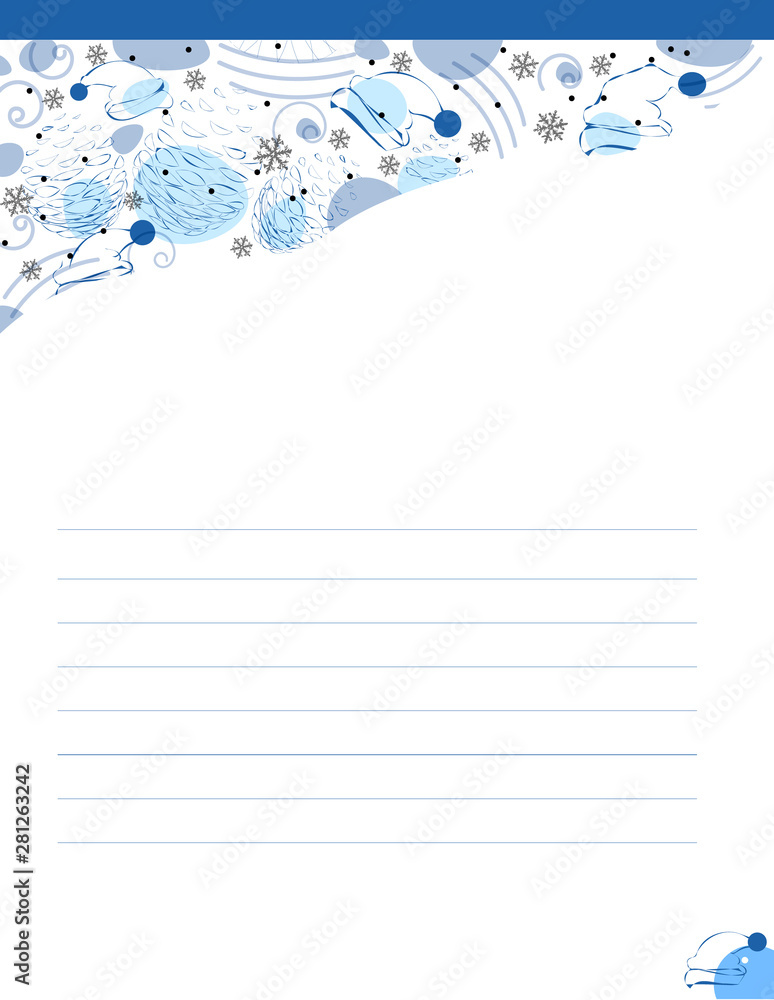 Sheet of note paper with beautiful winter ornament in blue.