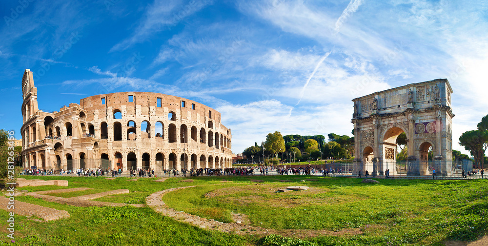 Panoramic view of the amphitheater of Colosseum and Arco di Costantino