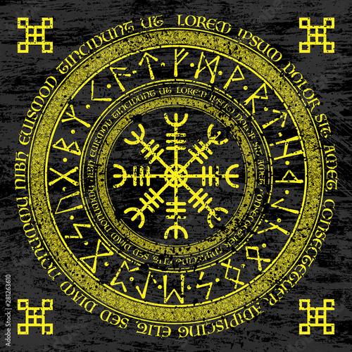 Old scandinavian runic grunge circle symbol isolated on black background