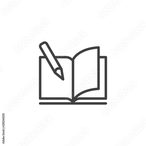 Book and Pencil line icon. Open textbook linear style sign for mobile concept and web design. Notebook and pen outline vector icon. Copywriting symbol, logo illustration. Vector graphics photo
