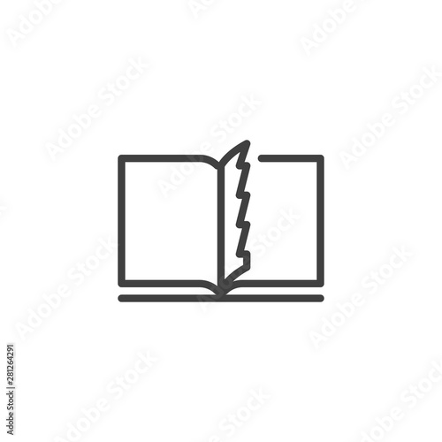 Torn book line icon. linear style sign for mobile concept and web design. Opened book with torn pages outline vector icon. Symbol, logo illustration. Vector graphics