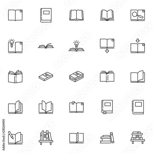 Books line icons set. linear style symbols collection, outline signs pack. vector graphics. Set includes icons as open book page with bookmark, textbook, notebook, library, bookshelf, bookstore