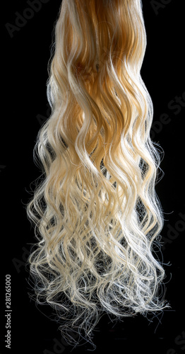 Hair natural white, bleached, curl.