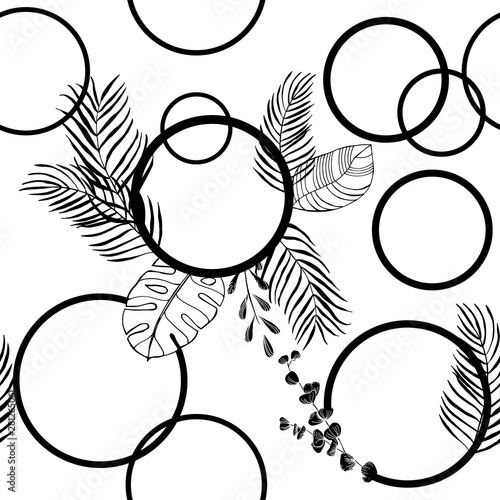 tropical palm leaves and circles seamless floral pattern hand drawn leaves