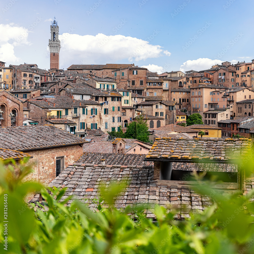 View of the roofs of the city of Siena in Tuscany, Italy. Can see the Tower of Mangia of Palazzo Pubblico (Pubblico Palace) in Piazza del Campo