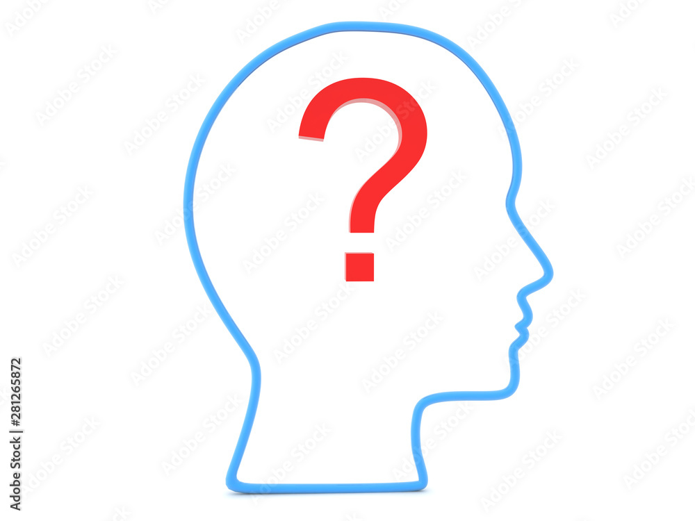 3D Outline of head with question mark inside it 3D Outline of head with question mark inside it