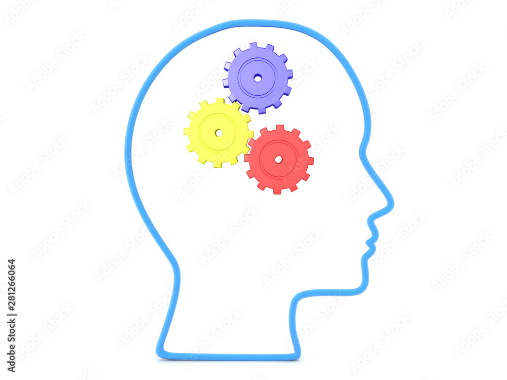 3D Outline of head with three colorful gears turning inside 3D Outline of head with three colorful gears turning inside