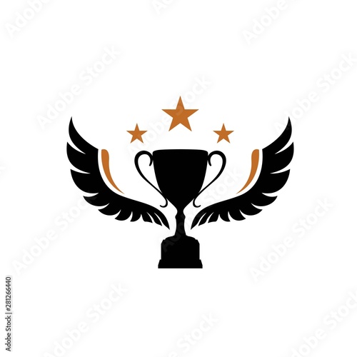 Champion trophy with gold star and feather wings illustration logo design