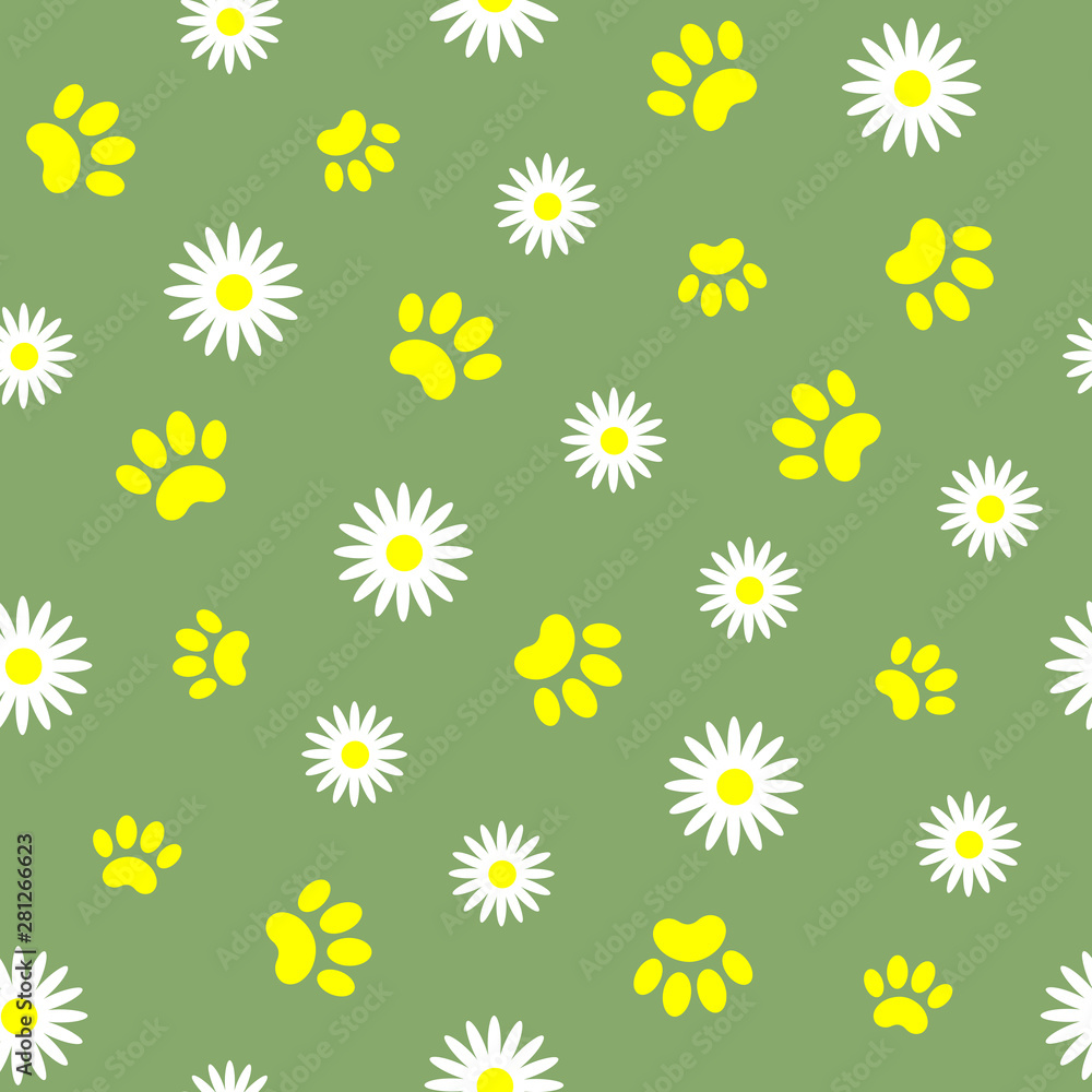 Daisies and animal paw prints on green summer background seamless pattern natural background texture wallpaper.