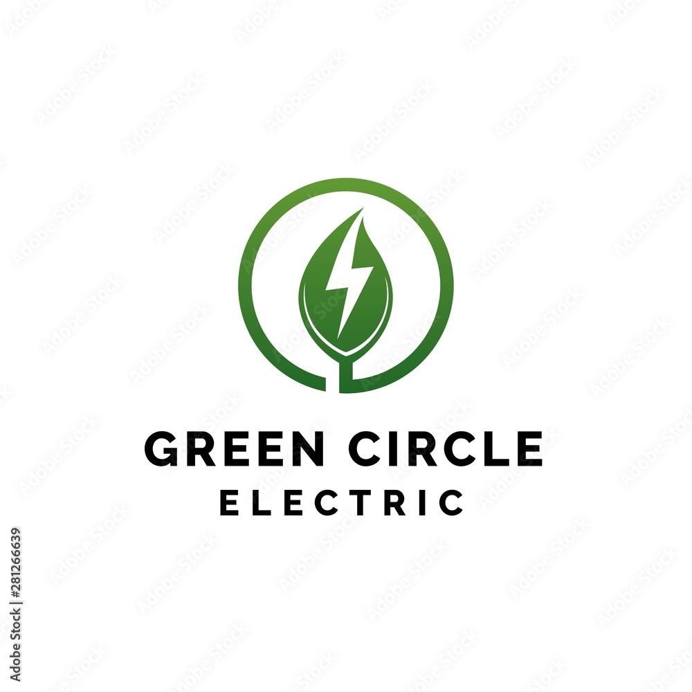 Leaf shape with lightning bolt inside circle logo design Leaf shape with lightning bolt inside circle logo design