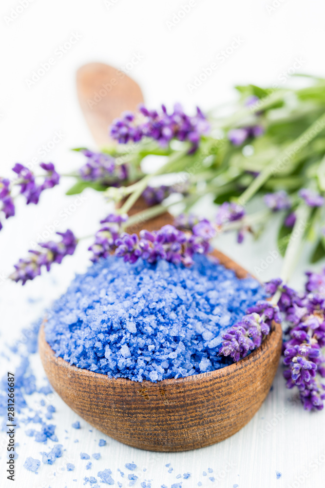 Essential lavender salt with flowers top view. Essential lavender salt with flowers top view.