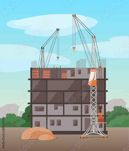 Process of building multistory building. Vector flat illustration.
