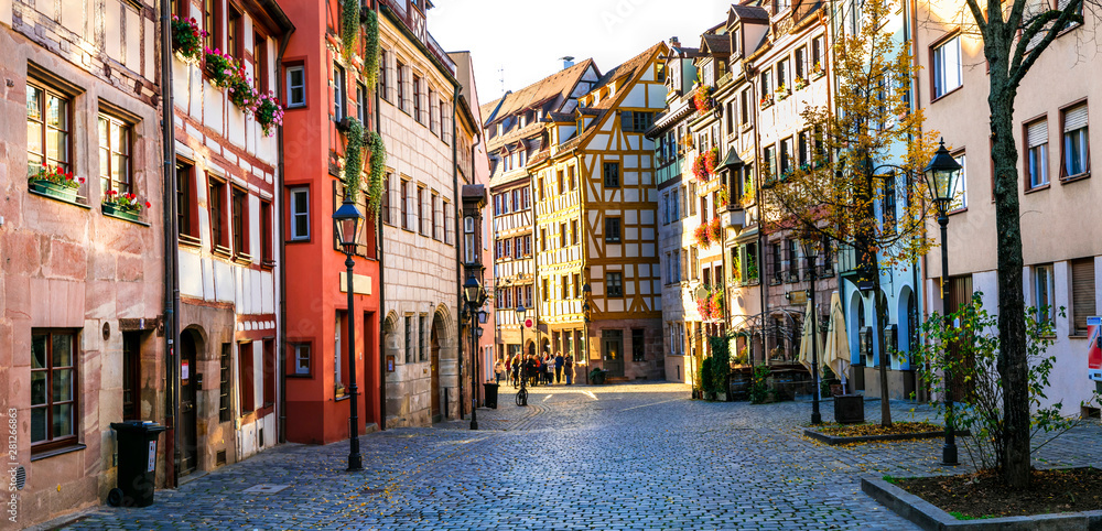 Travel in Germany - charming traditional streets of old town in Nuremberg(Nurnberg) - obrazy, fototapety, plakaty 