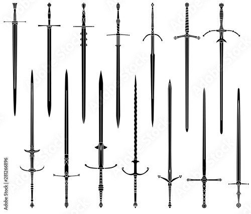 Set of simple monochrome images of medieval two-handed swords.
