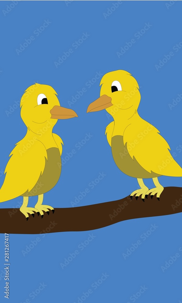 Two yellow birds sitting on a branch vector illustration