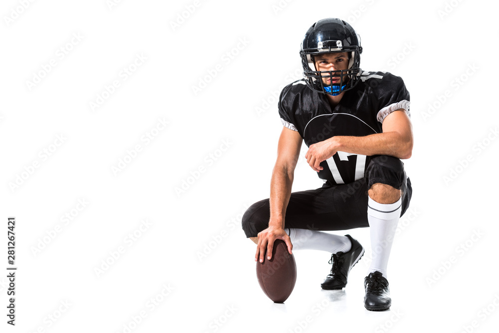 American Football player in helmet with ball Isolated On White with copy space