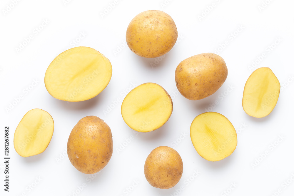 Potatoes isolated on white background. Flat lay. Top view. Potatoes isolated on white background. Flat lay. Top view.