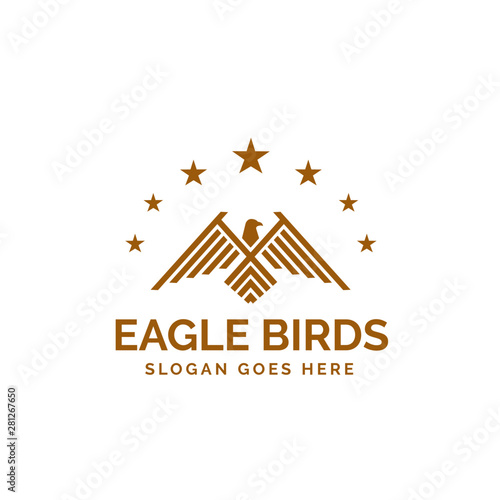 Golden eagle line art illustration logo design with stars around