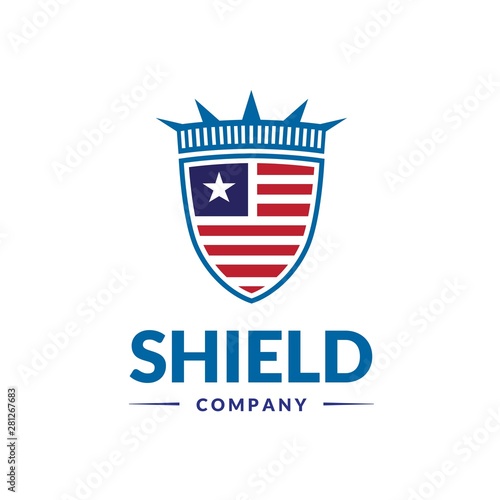 American flag inside shield shapes with liberty crown badge logo design