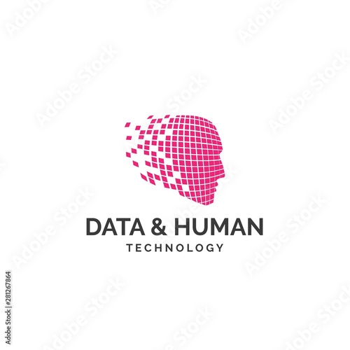 Data pixel in human head form graphic illustration logo design