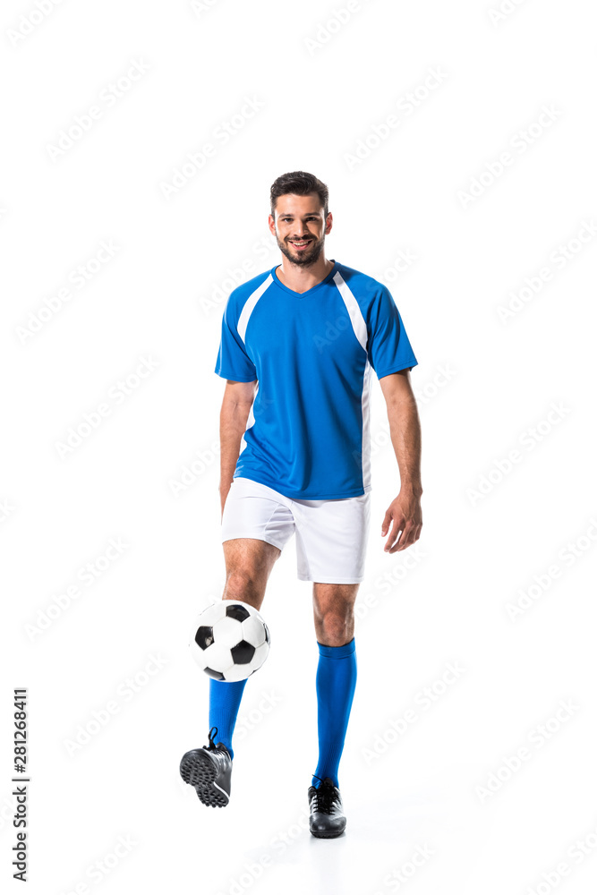 handsome happy soccer player training with ball Isolated On White