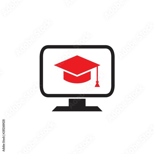 Red graduation college hat inside monitor graphic design