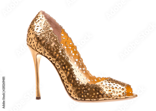 Fototapeta Elegant gold high-heeled shoes