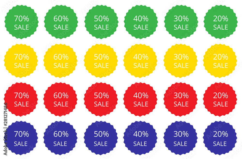 Big set of 24 sale stickers. Bright colors. Usable for banners, packaging, posters, flyers, advertising etc. Vector illustration. Big set of 24 sale stickers. Bright colors. Usable for banners, packaging, posters, flyers, advertising etc. Vector illustration.