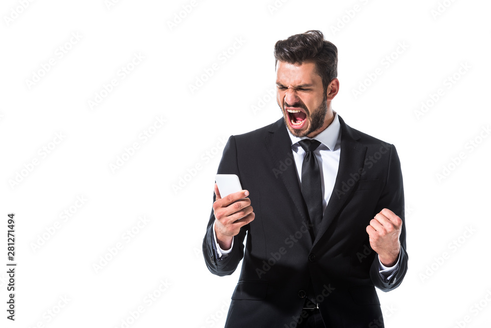 yelling businessman with smartphone and clenched hand Isolated On White yelling businessman with smartphone and clenched hand Isolated On White