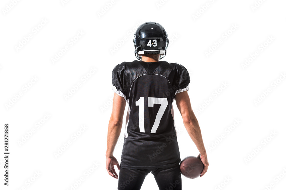back view of American Football player with ball Isolated On White back view of American Football player with ball Isolated On White