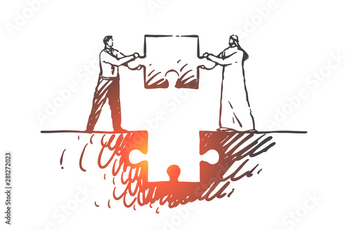 Teamwork, cooperation, together, partnership, businessman concept sketch. Hand drawn isolated vector illustration