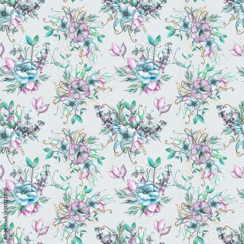 Watercolor floral seamless pattern with pink  blue  lilac flowers  leaves  gold branches and twigs.