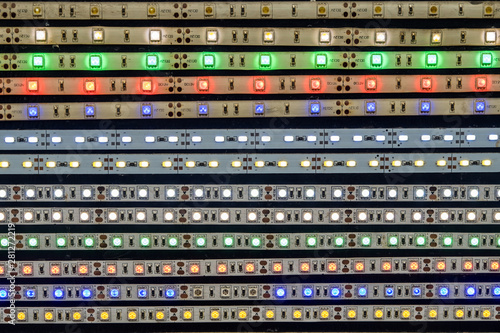 The market for electrical materials. Sale tapes with LED bulbs. Abstract background with LED lighting. Summer. Day.