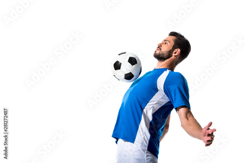 handsome soccer player training with ball Isolated On White with copy space