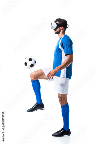 Fototapeta Naklejka Na Ścianę i Meble -  soccer player in virtual reality headset training with ball Isolated On White