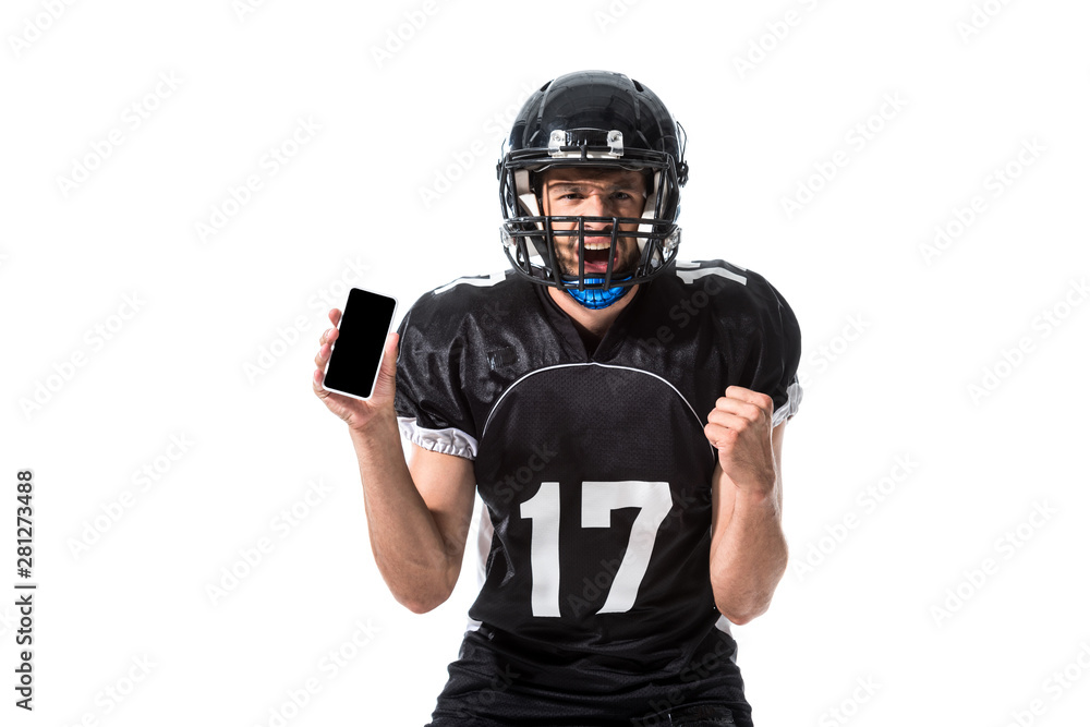 yelling American Football player with smartphone Isolated On White